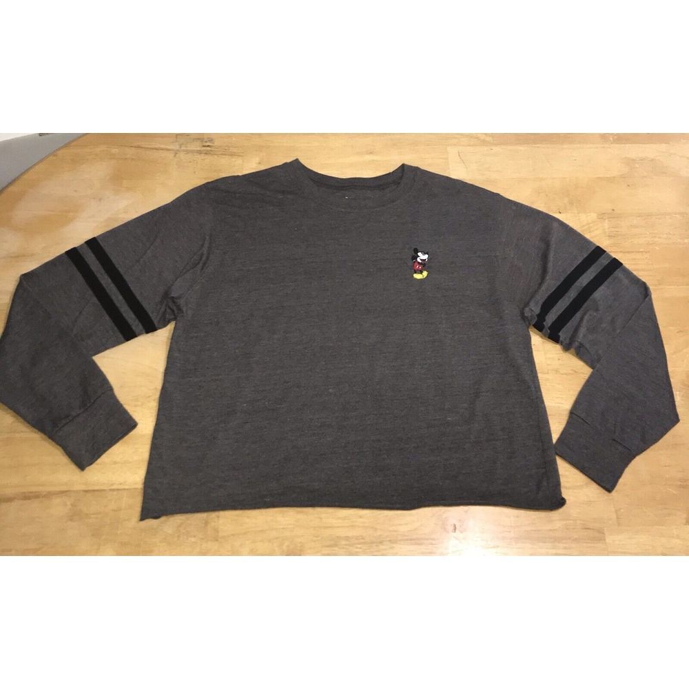 Disney Cropped Shirt Women Size Large  L Mickey Mouse Gray Long Sleeve Crew Neck